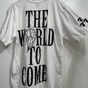 The world to come print on white T-shirt with a sleeve embroidery